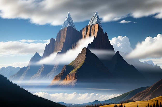 Picos de montanha sob o céu azul e nuvens brancas cenário natural papel de parede fotografia de fundo