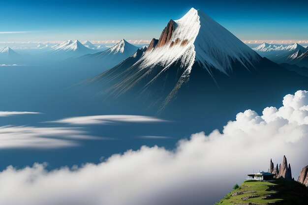 Picos de montanha sob o céu azul e nuvens brancas cenário natural papel de parede fotografia de fundo