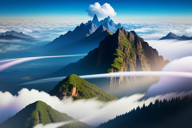 Picos de montanha sob o céu azul e nuvens brancas cenário natural papel de parede fotografia de fundo