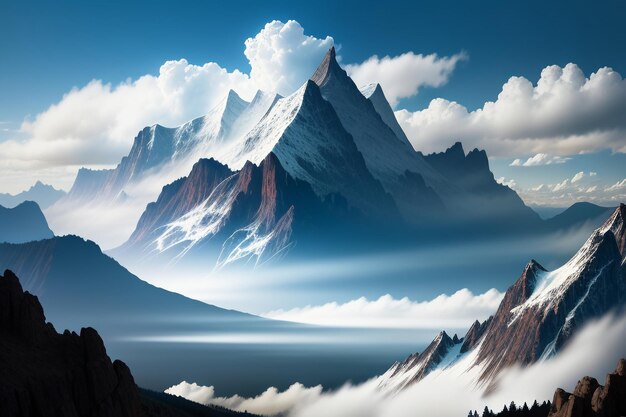 Picos de montanha sob o céu azul e nuvens brancas cenário natural papel de parede fotografia de fundo