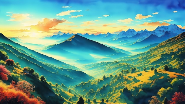 Picos de montanhas altas perfuradas pelos primeiros raios do sol matinal Uma visão mágica e harmonia com a natureza Ilustração de aquarela gerada pela IA