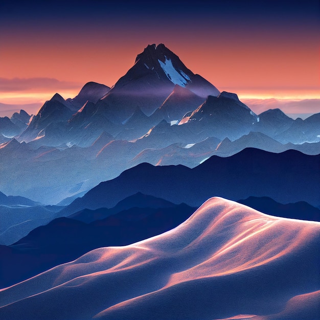 Picos de montanhas cobertas de neve no inverno Ilustração digital
