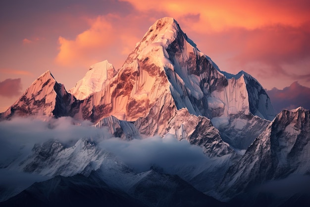picos de montanhas cobertos de neve nas nuvens ao nascer ou ao pôr-do-sol