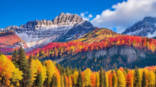 Picos de montanhas coloridos em todas as suas árvores coloridas Natureza Paisagem de fundo