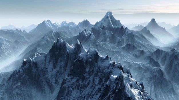 Foto picos de montanhas irregulares com a primeira luz do amanhecer no horizonte