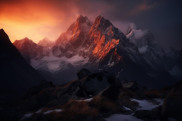 Picos de montanhas majestosos ao nascer do sol nebuloso Generative AI