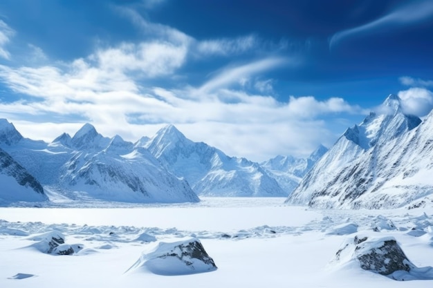 Picos de montanhas nevadas em torno de uma geleira em expansão