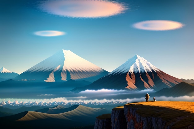 Picos de montanhas sob céu azul e nuvens brancas paisagem natural papel de parede fotografia de fundo