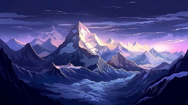 Picos de neve e geleiras no céu escuro ilustração de paisagem AI Generative