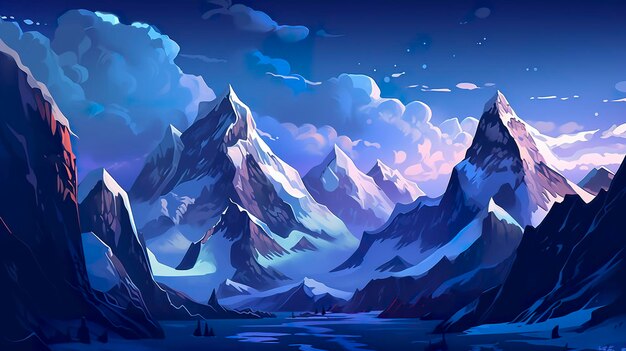 Picos de neve e geleiras no céu escuro ilustração de paisagem AI Generative