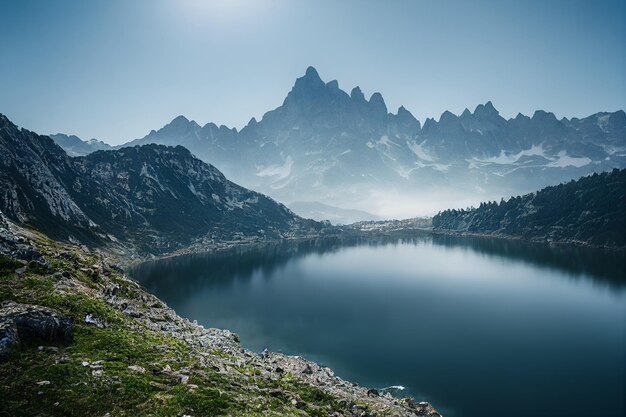 Picos y lago del paisaje de las dolomías