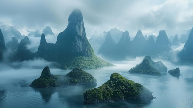Picos majestosos de montanhas envoltos em um véu de névoa matinal criando uma sensação de temor e grandeza