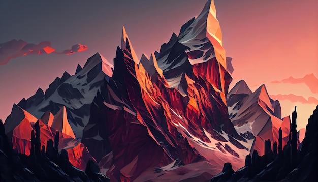 Los picos de una montaña al atardecer con un cielo rojo y naranja ardiente como telón de fondo que proyecta largas sombras en el paisaje Ilustración generativa de IA