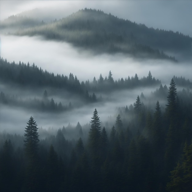 Picos de montaña cubiertos de densos bosques de coníferas cubiertos de una ligera niebla