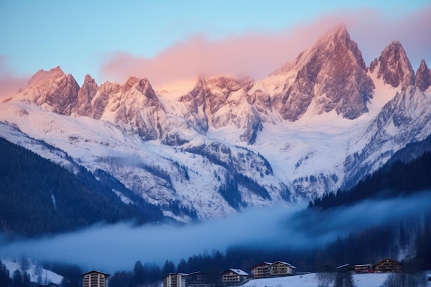 Picos de montaña detrás de una aldea de esquí al amanecer