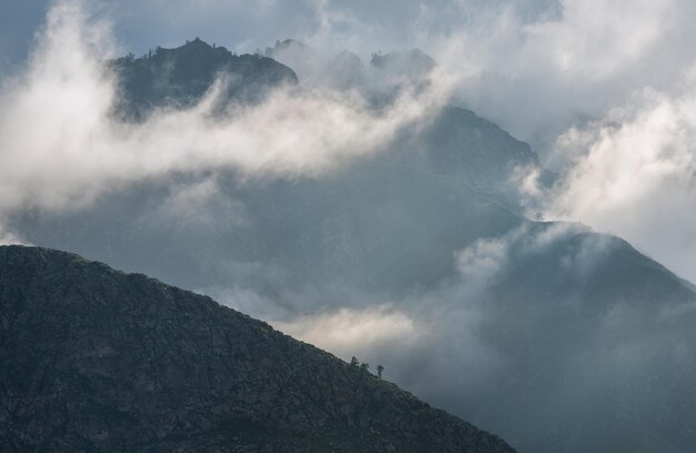 Picos de montaña en las nubes brumosas