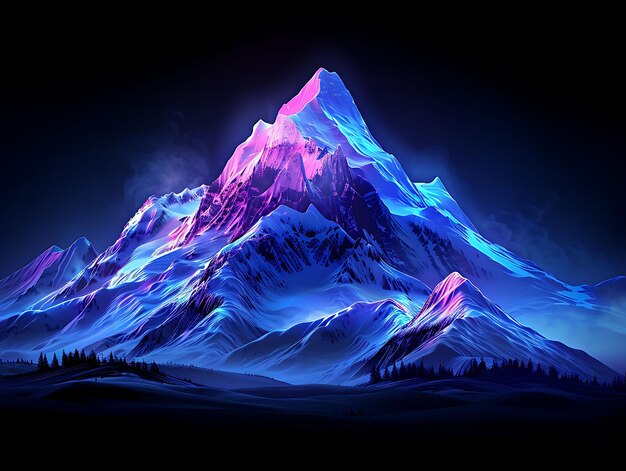 Picos de montañas brillantes de neón con una textura cubierta de nieve Diseño de contorno de brillo de collage animado N Y2K