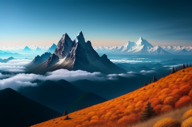 Picos de montañas bajo un cielo azul y nubes blancas paisaje natural fondo de pantalla fotografía de fondo