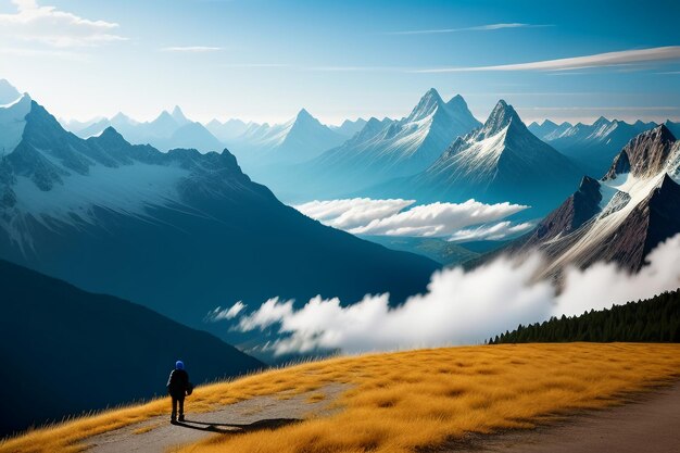 Picos de montañas bajo un cielo azul y nubes blancas paisaje natural fondo de pantalla fotografía de fondo