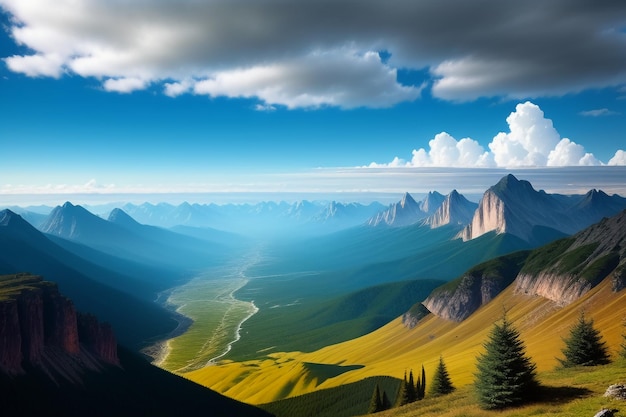 Picos de montañas bajo un cielo azul y nubes blancas paisaje natural fondo de pantalla fotografía de fondo