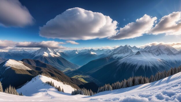 Picos nevados bajo cielos majestuosos