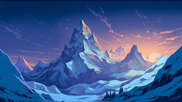 Picos nevados y glaciares en la ilustración del paisaje del cielo oscuro AI Generativo