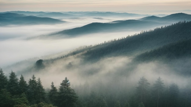 Picos de niebla con pinos