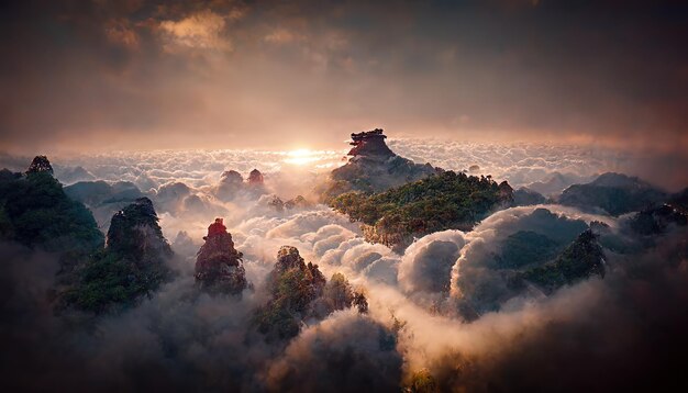 Picos rocosos de grandes montañas sobre nubes blancas al amanecer.