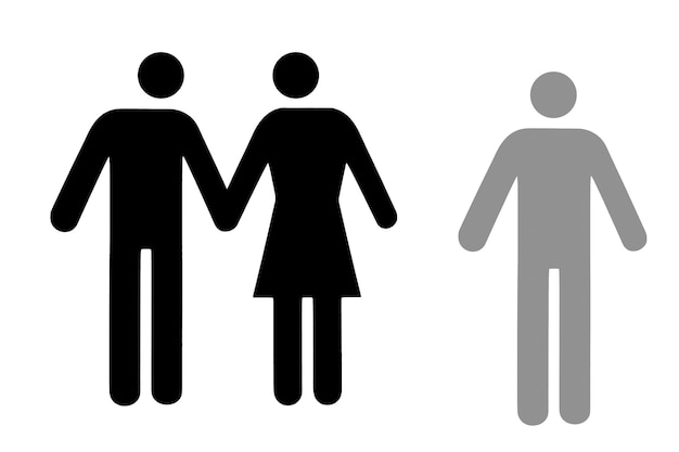 Foto pictograma negro plano de pareja y icono individual aislado en blanco