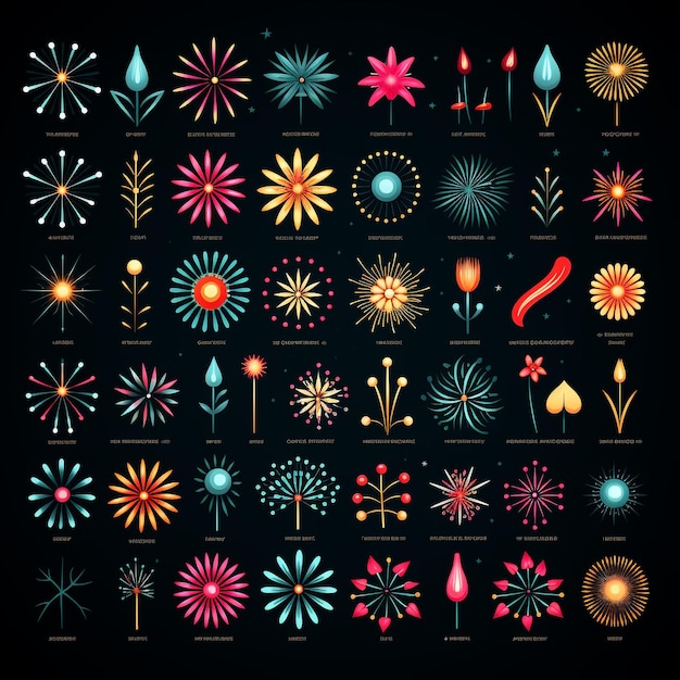 Pictogramas de fuegos artificiales de fondo negro