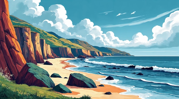 Picturesque coastal view with cliffs, beach, ocean, and blue sky