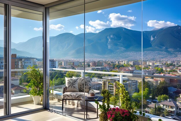 Foto picturesque mountain vista observed from the windows of a luxury apartment