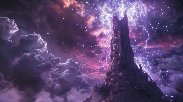 Foto de pie en la cima de una torre de piedra en ruinas en el reino de los elementos un grupo de cambiantes de forma armar