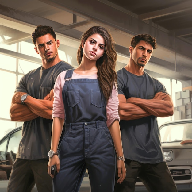 Foto de pie con confianza tres personas equipo de mecánico de automóviles