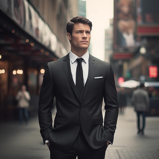 De pie y esperando hombre de negocios en traje negro en la ciudad Ai generativa