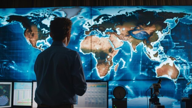 De pie frente a un gran mapa del mundo el meteorólogo estudia atentamente una serie de