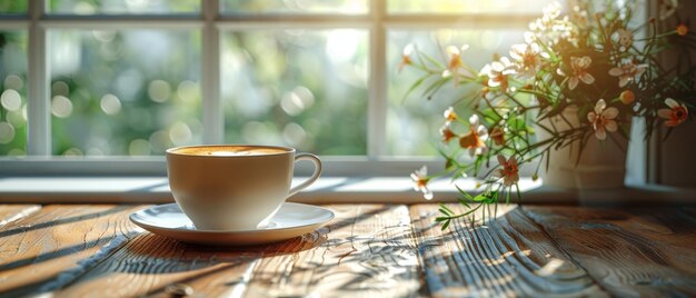 De pie frente a la ventana hay una taza de café recién hecha.