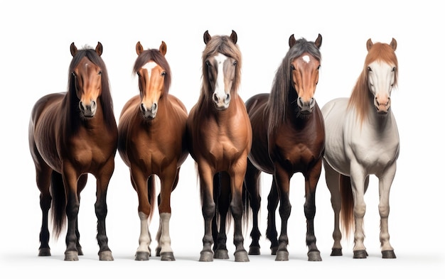 De pie, hermoso, colorido, diferentes, razas de caballos, colección, aislado, blanco, plano de fondo