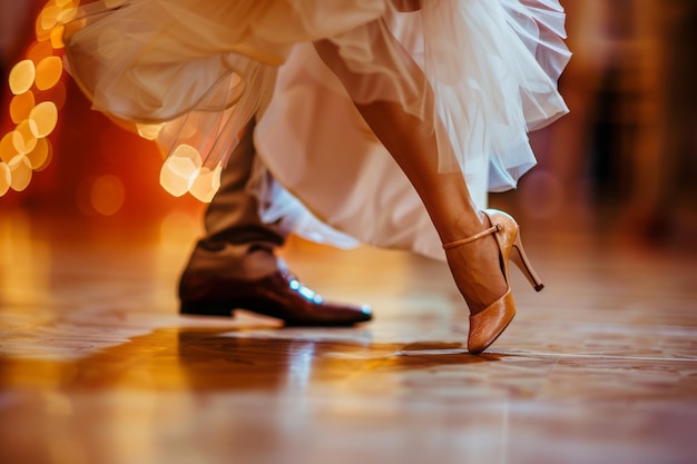 Pie de hombre y mujer con zapatos de baile bailando en la pista de baile