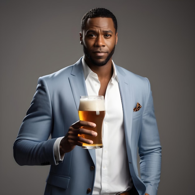 De pie Hombre negro guapo con un vaso de cerveza