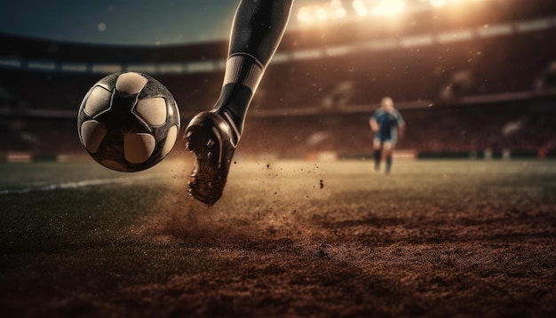 Pie de jugador de fútbol golpeando rápido el balón de fútbol en el estadio IA generativa