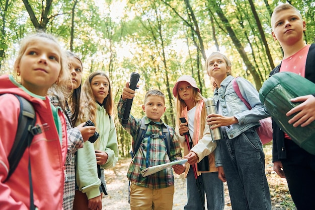 De pie juntos Niños en el bosque verde durante el día de verano juntos