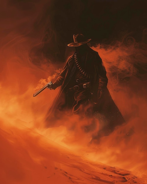 De pie en lo alto de una duna de arena roja en la niebla está una persona sombría que lleva una elaborada pistola y se pone un largo abrigo y sombrero