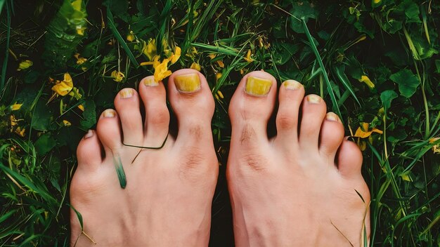 Foto un pie masculino con hongo amarillo feo en las uñas de los pies y uñas curadas antes y después del tratamiento