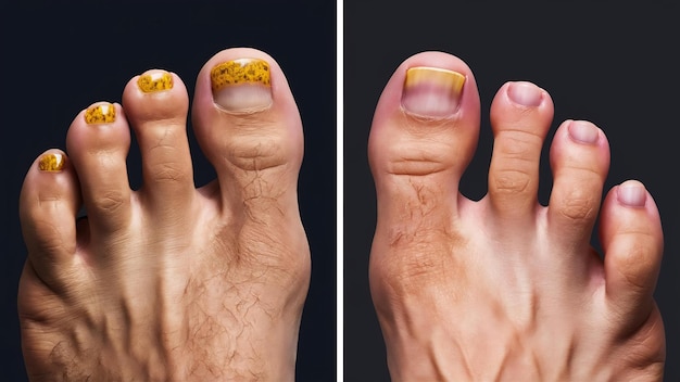 Foto un pie masculino con hongo amarillo feo en las uñas de los pies y uñas curadas antes y después del tratamiento