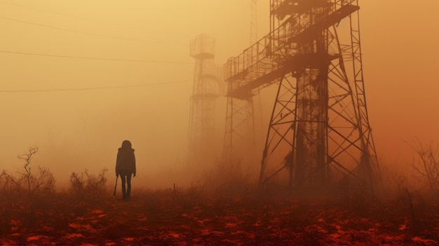 De pie en la niebla de óxido Paisaje post-apocalíptico con torre