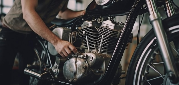 Foto de pie en un taller de reparación arreglando una motocicleta personalizada ia generativa