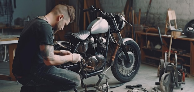 De pie en un taller de reparación arreglando una motocicleta personalizada IA generativa