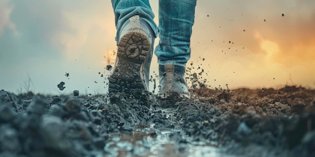 Un pie en vaqueros y zapatos hundiéndose en el barro con una huella pesada en un telón de fondo gradiente