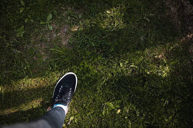 Pie en zapatillas de deporte se encuentra en la hierba verde